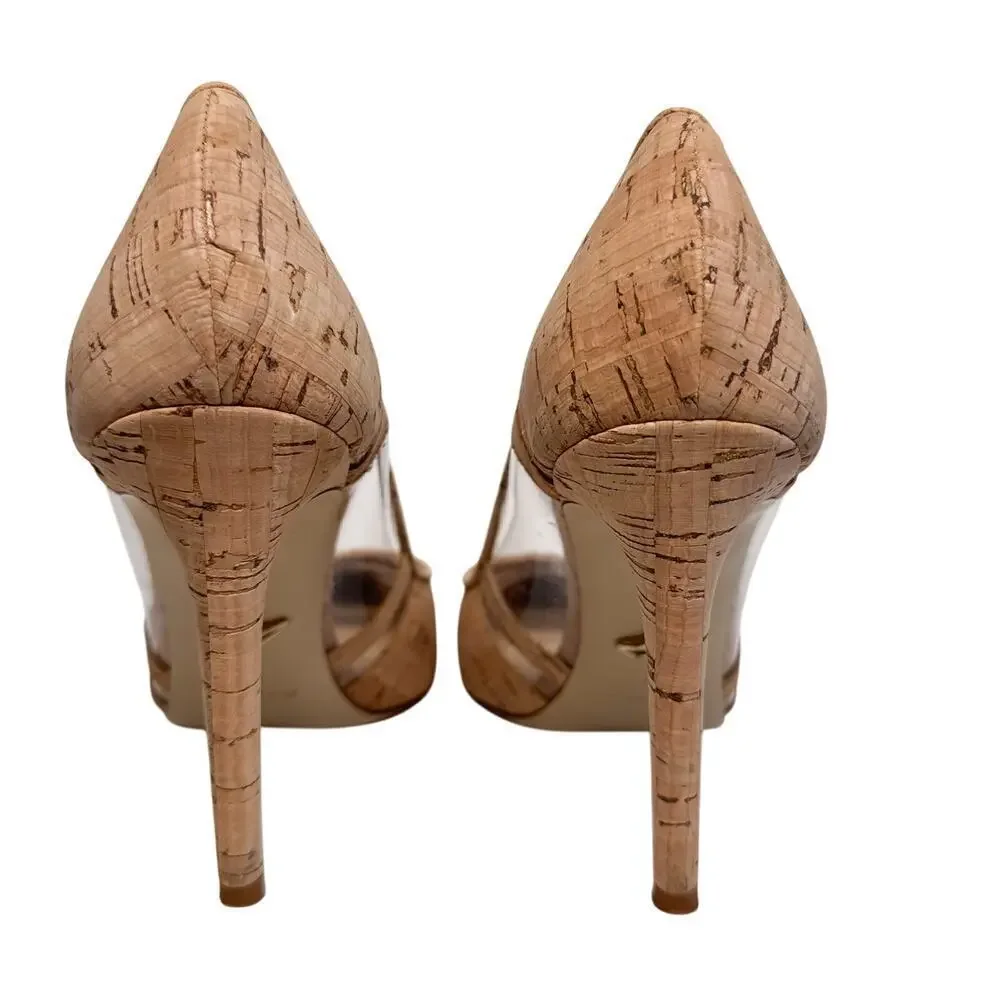 DVF Becca Too Cork Pointed Toe Pumps Clear Panel Heels 7